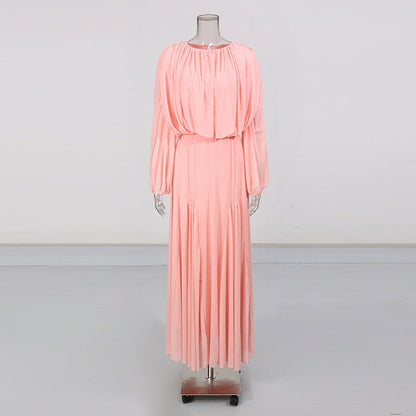 Round Neck Ruched Bodice Lantern Sleeve Floor-Length Dress(MS402)