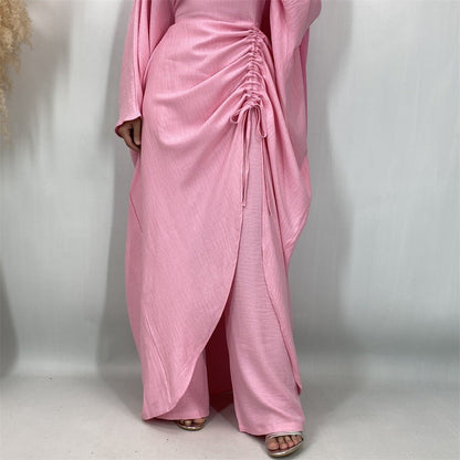Ruched Drawstring Batwing Top & Wide-Leg Trousers Co-ord Set(MS478)