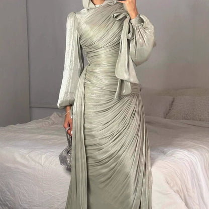 Ruched Evening Dress | Puff Sleeve Bodycon Maxi Dress(MS280)