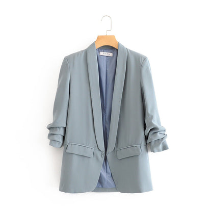 Ruched Sleeve Blazer | Three-Quarter Sleeve Longline Jacket (MS241)