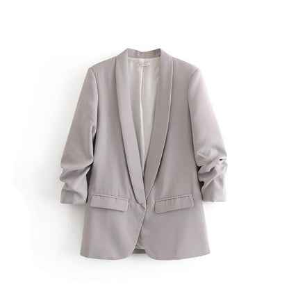 Ruched Sleeve Blazer | Three-Quarter Sleeve Longline Jacket (MS241)