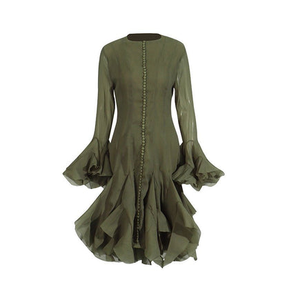 Ruffle Hem Dress with Sheer Sleeves(MS304)