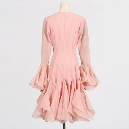 Ruffle Hem Dress with Sheer Sleeves(MS304)