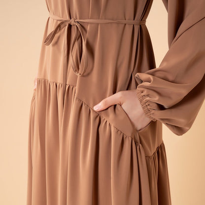 Ruffle Trim Pleated Relaxed Maxi Dress with Waist Tie(MA424)