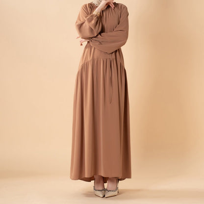 Ruffle Trim Pleated Relaxed Maxi Dress with Waist Tie(MA424)