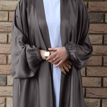 Satin Bunched Sleeve Open Abaya (MOA048)