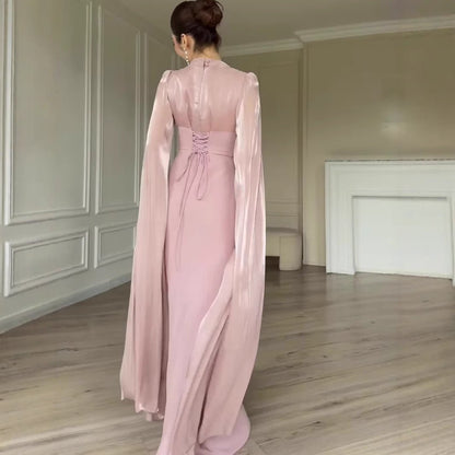 Satin Dress with Corset Back & Cape Sleeves (MS344)