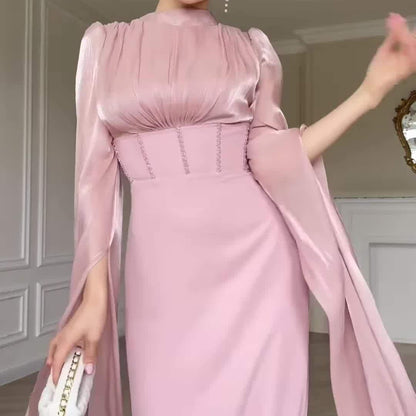 Satin Dress with Corset Back & Cape Sleeves (MS344)