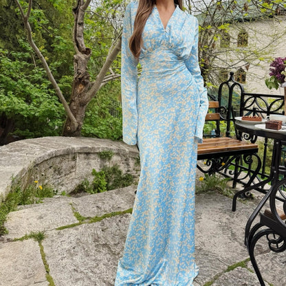 Satin Floral Print V-Neck Maxi Dress(MS378)