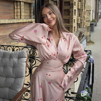 Satin Floral Print Wrap Dress(MS377)