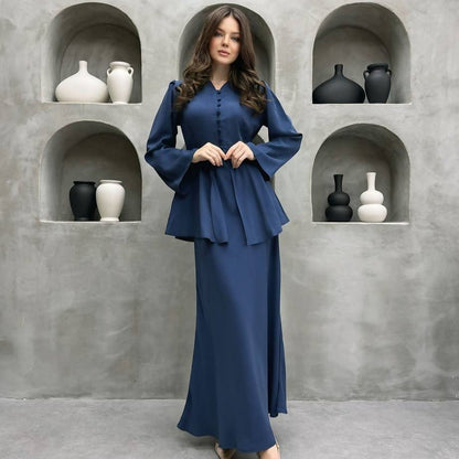 Satin Peplum Top & Skirt Set | Bell Sleeve Two-Piece Outfit(MS229)