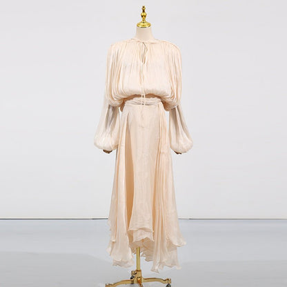 Satin Tie-Neck Blouson Dress(MS354)