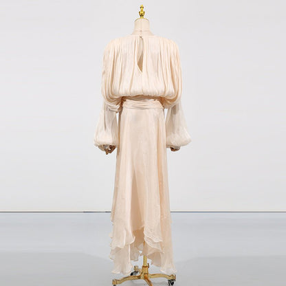 Satin Tie-Neck Blouson Dress(MS354)