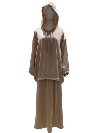 Satin Two-Piece Set with Hooded Top & Maxi Skirt(MS348)