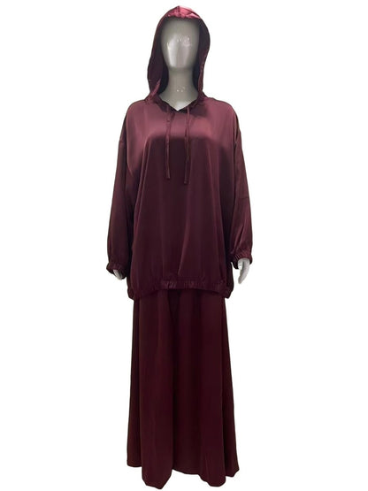Satin Two-Piece Set with Hooded Top & Maxi Skirt(MS348)