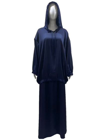 Satin Two-Piece Set with Hooded Top & Maxi Skirt(MS348)