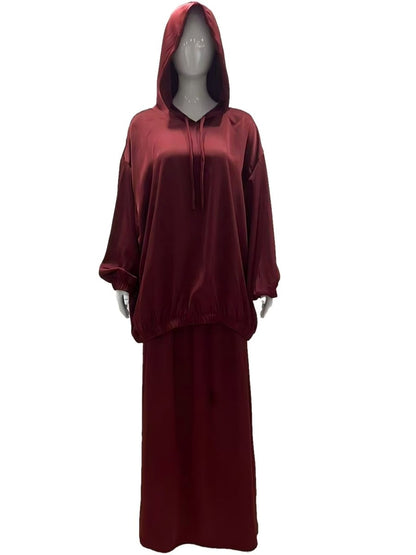 Satin Two-Piece Set with Hooded Top & Maxi Skirt(MS348)