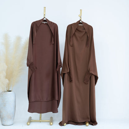 Satin Velvet Mother Daughter Matching Set | Full Circle Maxi Dress with Hijab & Batwing Sleeves(MJ022)