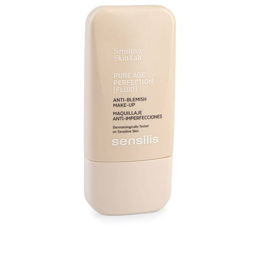 Sensilis PURE AGE PERFECTION anti-imperfections makeup in shade #01 beige, 30 ml, shown on a woman’s face.