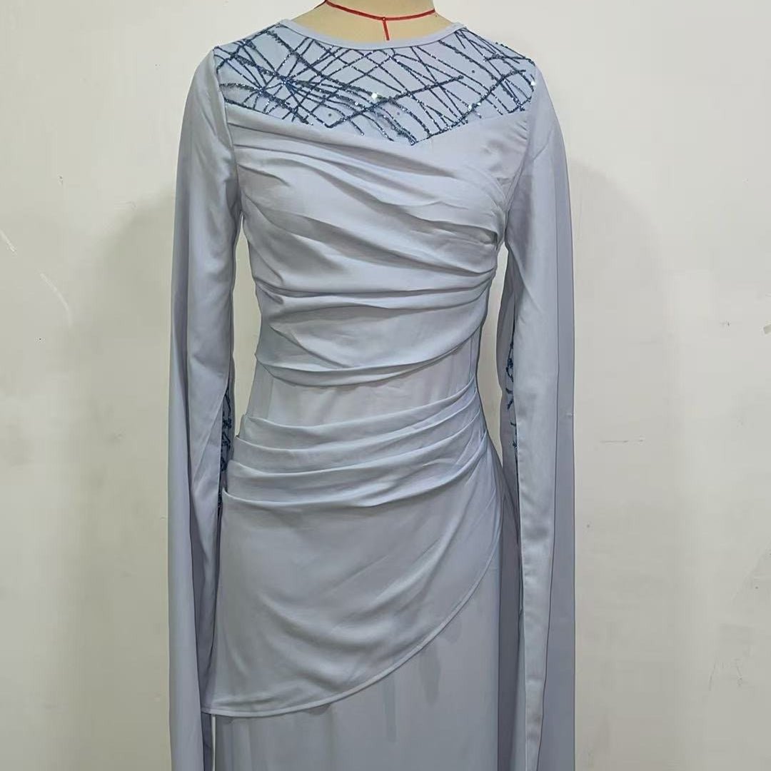 Sequin Embellished Formal Dress | Long Sleeve Ruched Bodycon Dress(MS272)