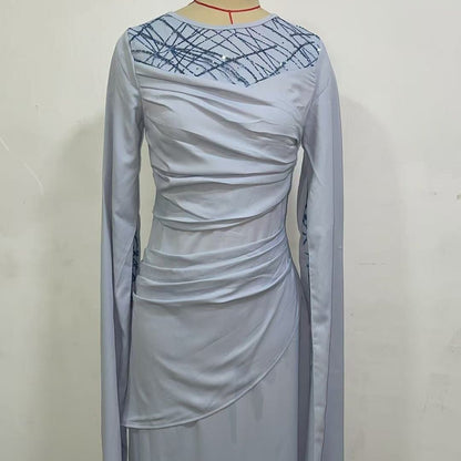 Sequin Embellished Formal Dress | Long Sleeve Ruched Bodycon Dress(MS272)