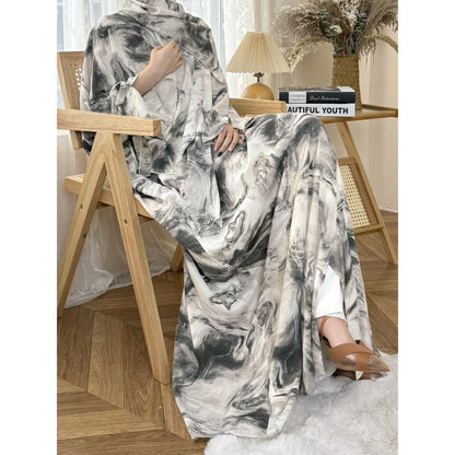 Serene Ink Wash Abaya Collection | Watercolor Print Cardigan with Matching Hijab (MOA178)