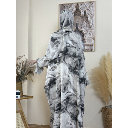 Serene Ink Wash Abaya Collection | Watercolor Print Cardigan with Matching Hijab (MOA178)