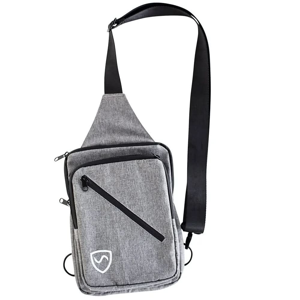 Shield Your Body SYB sling bag, a compact black backpack with adjustable strap, ideal for daily use and easy carrying.