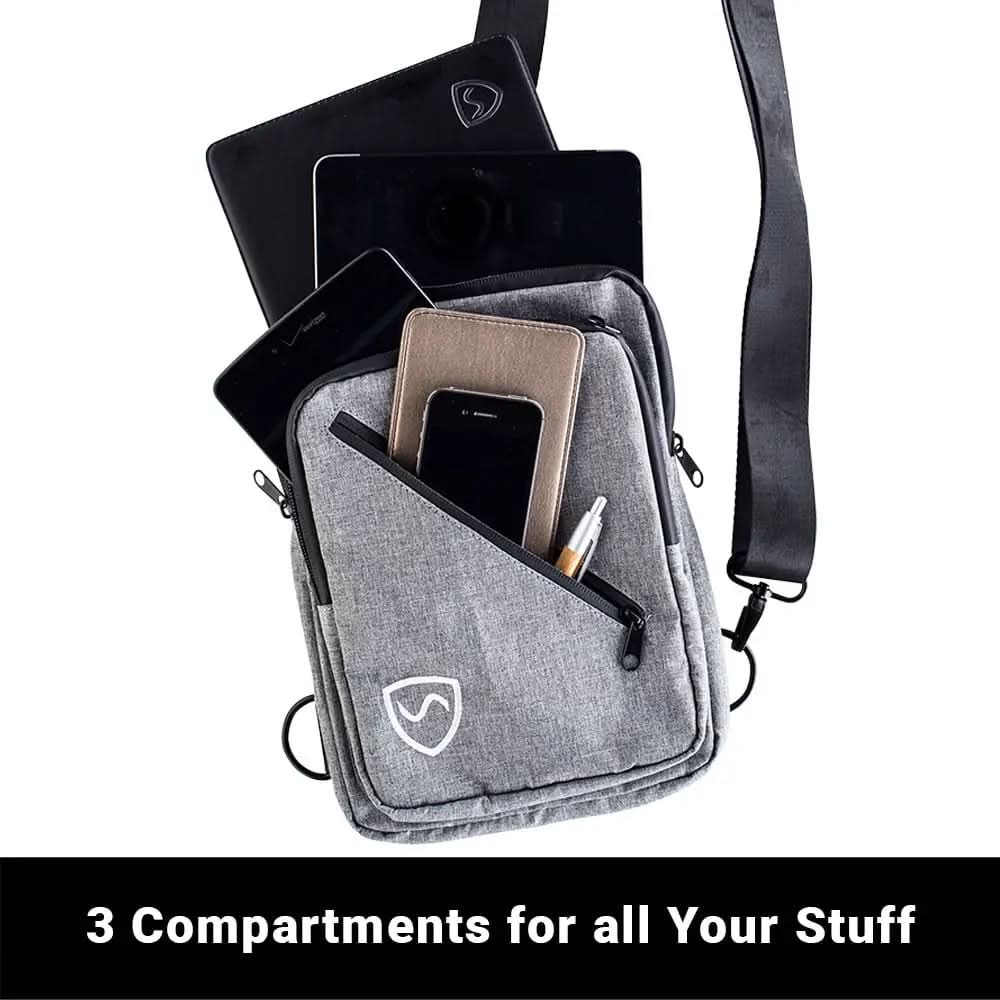 Shield Your Body SYB Sling Bag backpack with adjustable strap and multiple compartments, black color, casual everyday style.