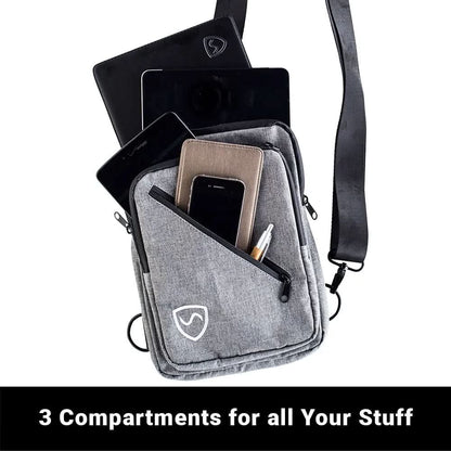 Shield Your Body SYB Sling Bag backpack with adjustable strap and multiple compartments, black color, casual everyday style.