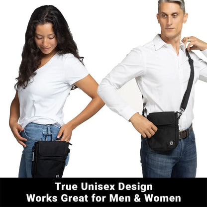 Shield Your Body SYB Phone Pouch Deluxe for mobile phones, shown in black with secure zipper closure and adjustable strap.