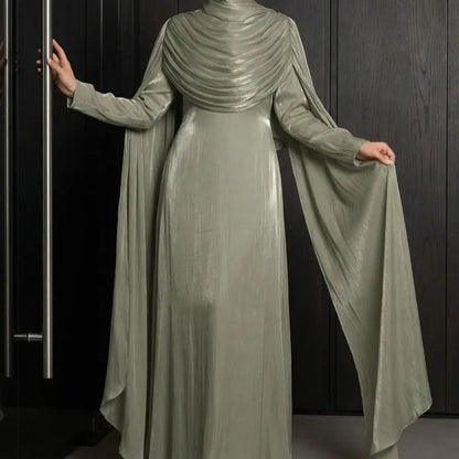 Shimmer Island Silk Cape Sleeve Abaya Dress with Matching Hijab(MA429)