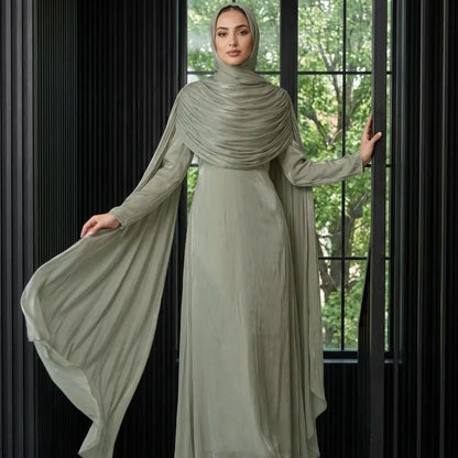 Shimmer Island Silk Cape Sleeve Abaya Dress with Matching Hijab(MA429)