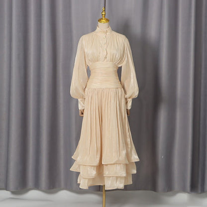 Shimmer Tiered Ruffle Dress with Pearl Buttons(MS322)