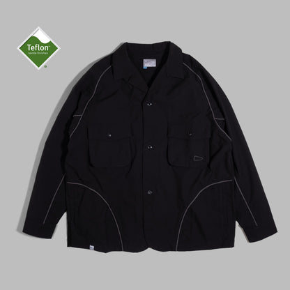 Black OTJacket by Shuren Projects featuring Teflon™ coating, stylish waterproof jacket with durable fabric and modern design.