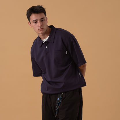 Navy 3-pack Rayon Polo T-shirts by Shuren Projects, casual shirts and tops, front view showing collar and button placket