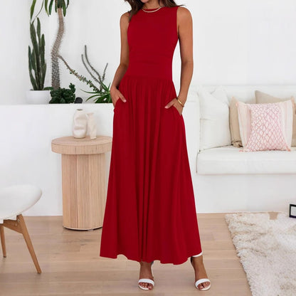 Sleeveless Gathered Waist Maxi Dress with Pockets(MA395)