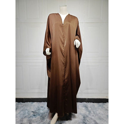 Soft Forged Bat Sleeve Abaya Robe | V-Neck Satin Cardigan Dress(MOA224)