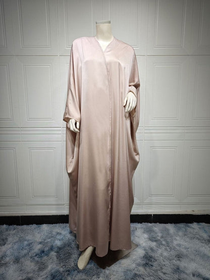 Soft Forged Bat Sleeve Abaya Robe | V-Neck Satin Cardigan Dress(MOA224)