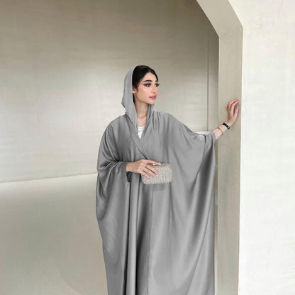 Soft Forged Bat Sleeve Abaya Robe | V-Neck Satin Cardigan Dress(MOA224)