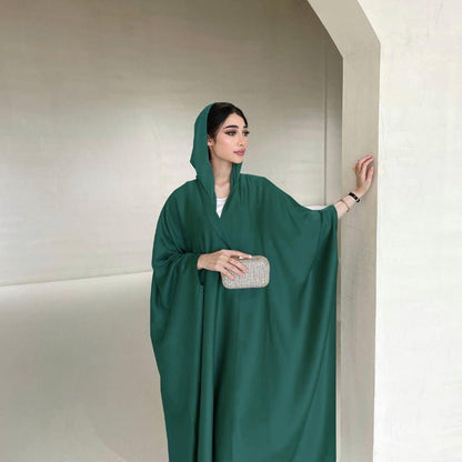 Soft Forged Bat Sleeve Abaya Robe | V-Neck Satin Cardigan Dress(MOA224)