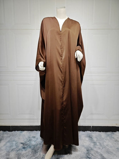 Soft Forged Bat Sleeve Abaya Robe | V-Neck Satin Cardigan Dress(MOA224)