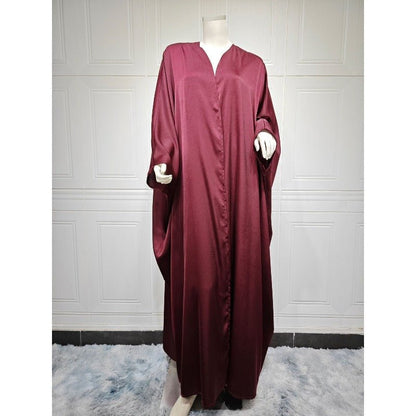 Soft Forged Bat Sleeve Abaya Robe | V-Neck Satin Cardigan Dress(MOA224)