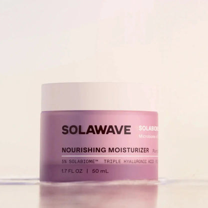 Solawave Pre- & Probiotic Nourishing Moisturizer jar with creamy texture and natural ingredients visible in the image.