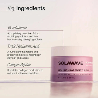 Solawave Pre- & Probiotic Nourishing Moisturizer in a white jar with a silver lid, designed to hydrate and nurture skin.