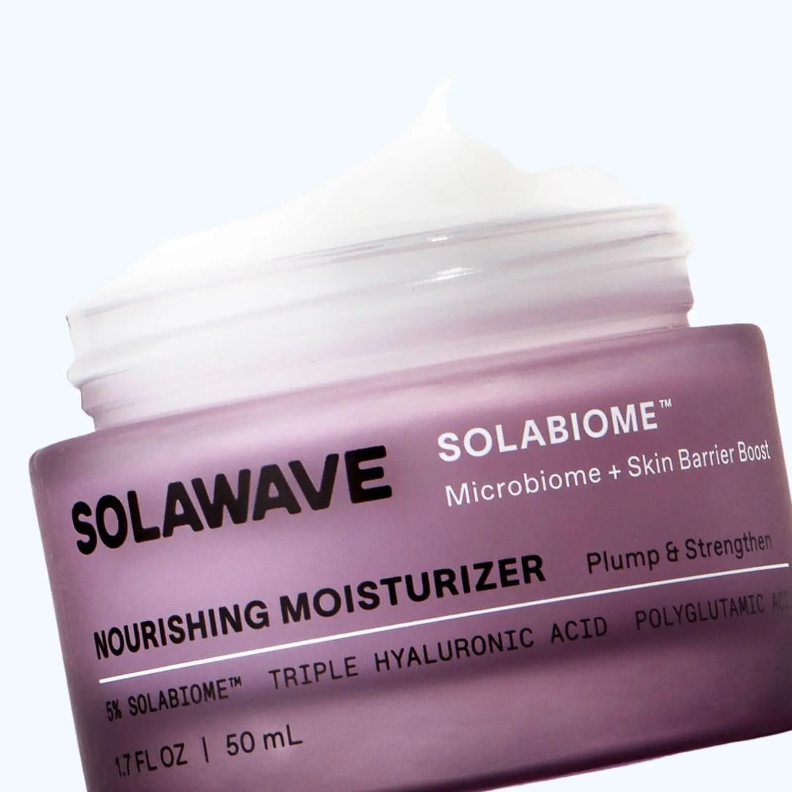 Solawave Pre- & Probiotic Nourishing Moisturizer jar with label, showcasing a creamy skincare product for hydration and skin health.