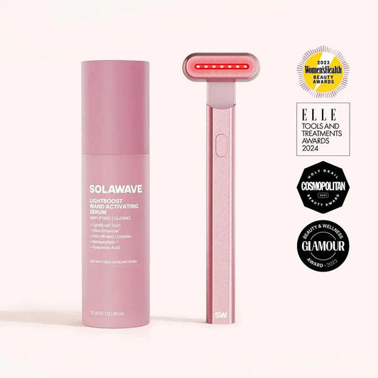Solawave 4-in-1 red light therapy wand and activating serum kit in rose gold, showing skincare tools for radiant skin.