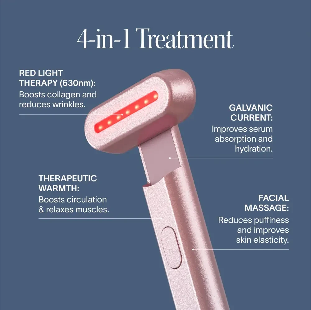 Solawave 4-in-1 Red Light Therapy Wand and Activating Serum Kit in rose gold for skincare and skin rejuvenation.