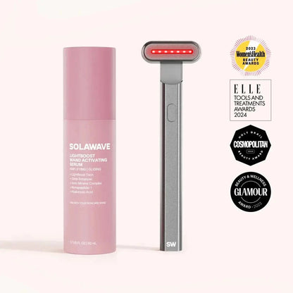Solawave 4-in-1 red light therapy wand and activating serum kit in rose gold, skincare tools for rejuvenating facial treatments.