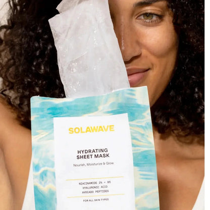 Solawave hydrating sheet mask for skincare, with a close-up of the mask sheet ready for use in a skincare topicals product image